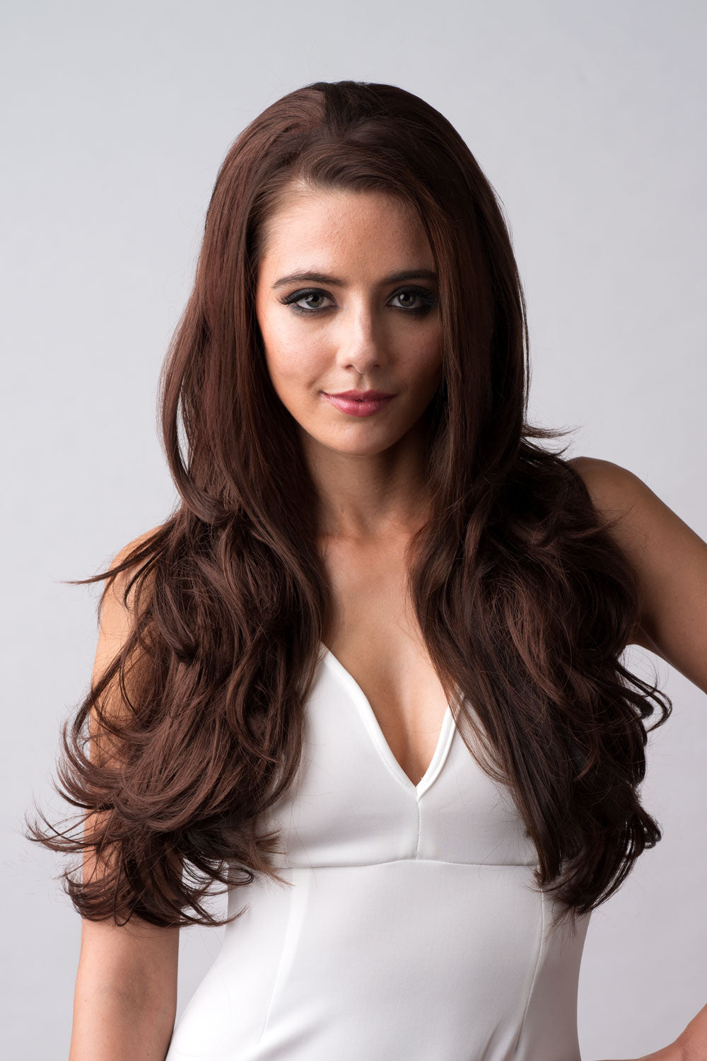 Reddish brown half wig hairpiece with long gentle waves Heather