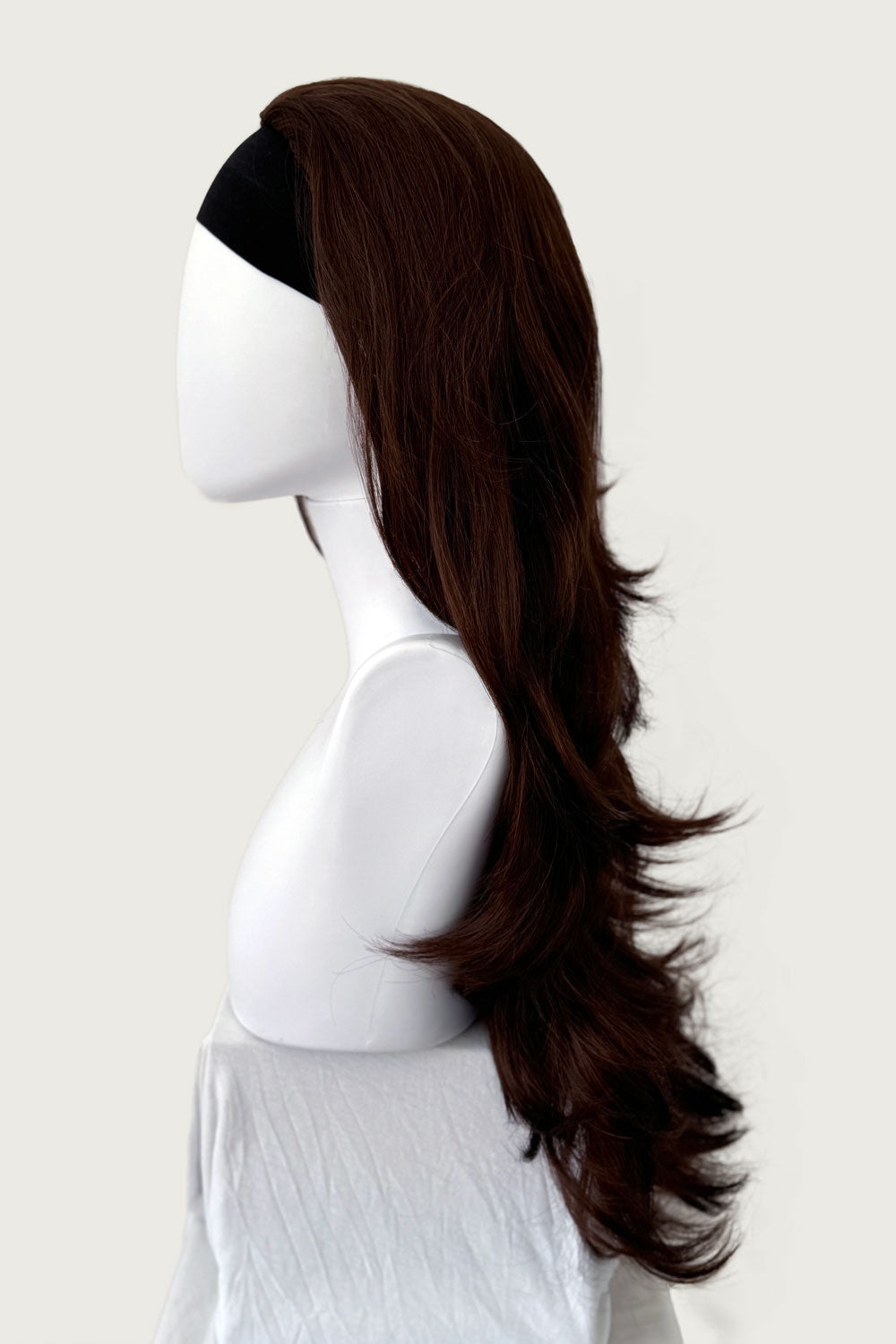 Reddish brown half wig hairpiece with long gentle waves Heather