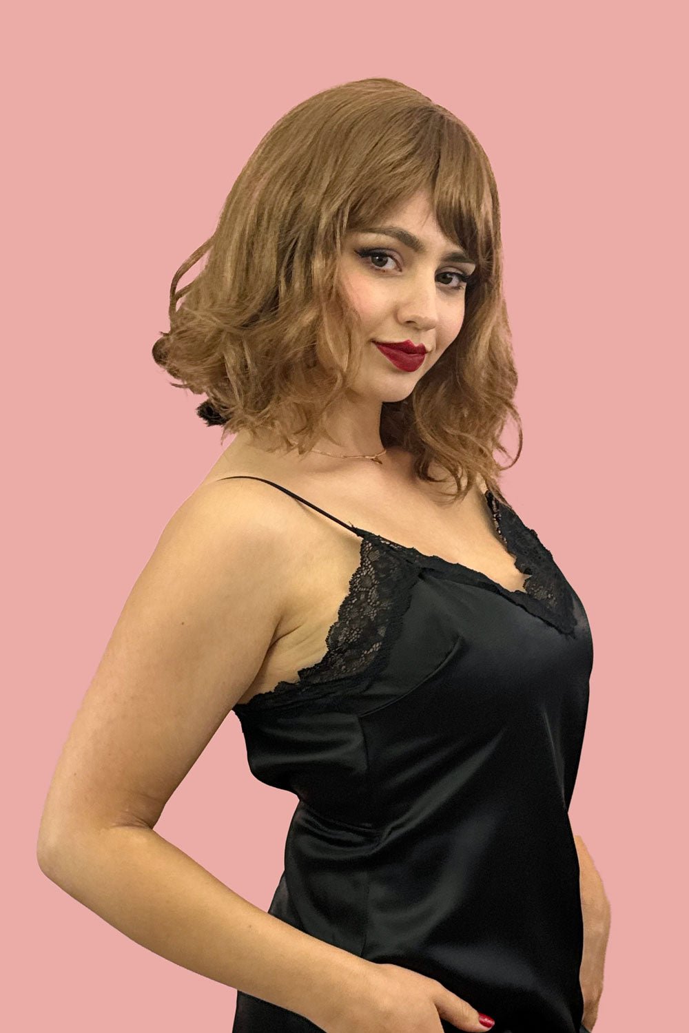 Brown long wavy bob lob wig with swept fringe Clover Annabelles Wigs UK