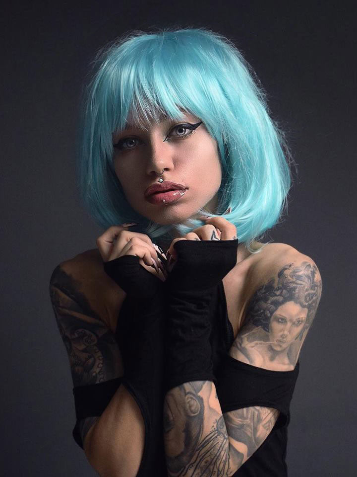 Turquoise Bob Wig with full fringe Iris AnnabellesWigs Annabelles Wigs UK