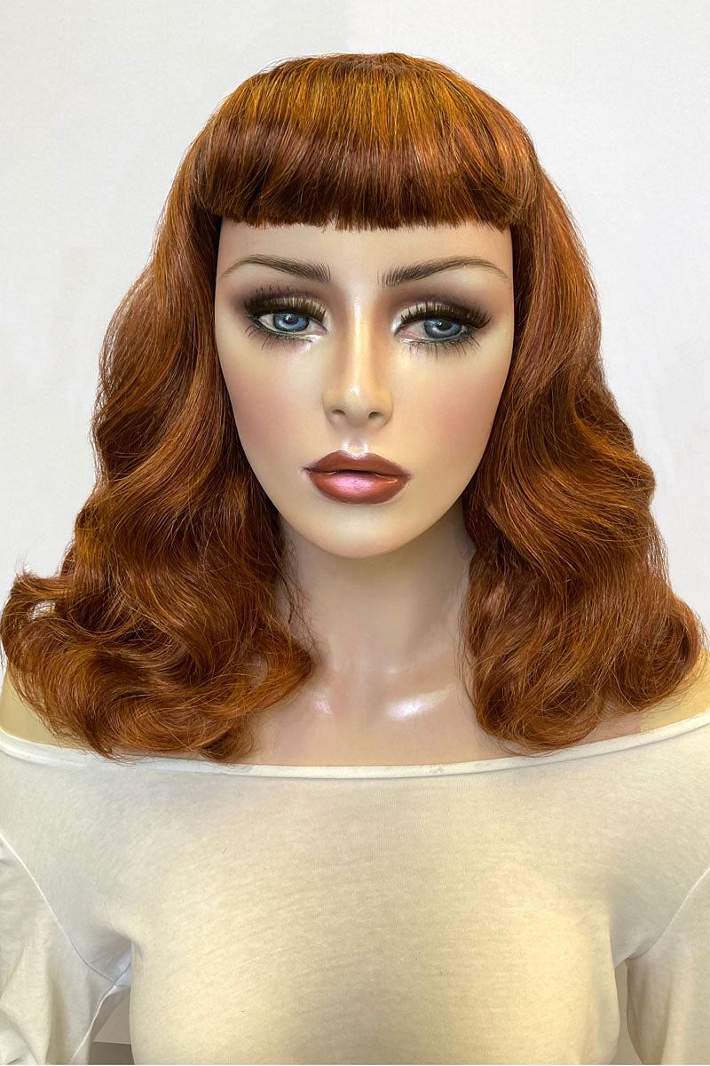 Auburn pinup style wig, finger waved with short fringe, 1950s style: Heidi