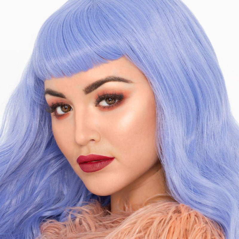 Long blue pinup style wig, curled with short fringe: Ophelia