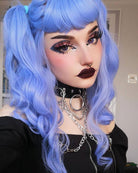 Long blue pinup style wig, curled with short fringe: Ophelia