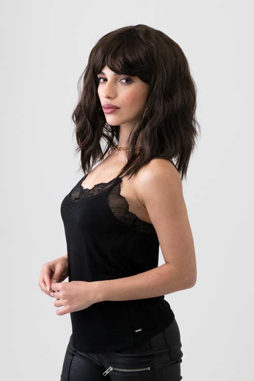 A chocolate brown long wavy bob wig: Roxy