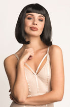 Black long bob wig with a short retro-style fringe: Beth