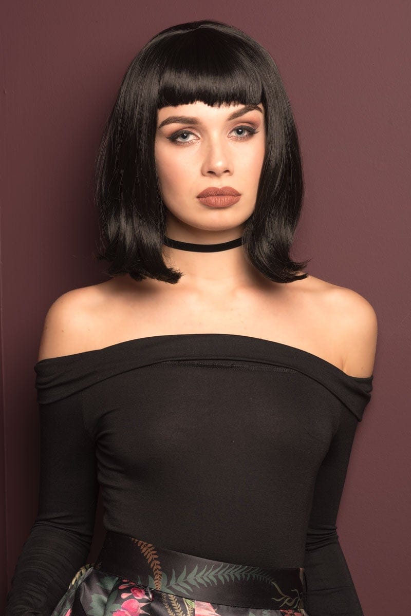 Black long bob wig with a short retro-style fringe: Beth