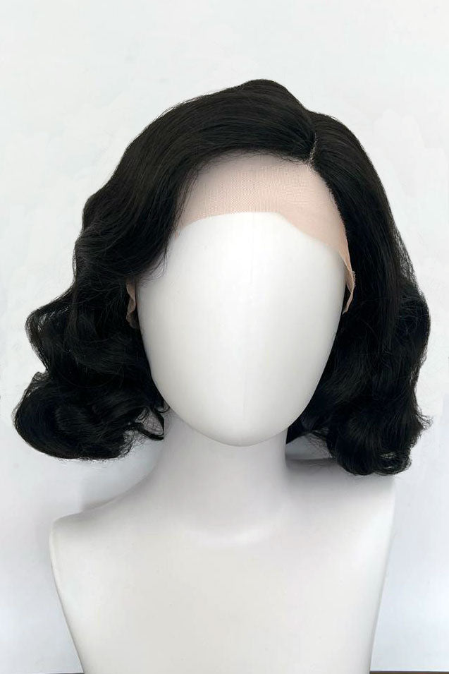 Black lacefront wig, pinup/vintage style, mid length with finger waves: Lilith