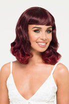 Black and red pinup style wig, gently wavy with short fringe, 1950s style: Lillian