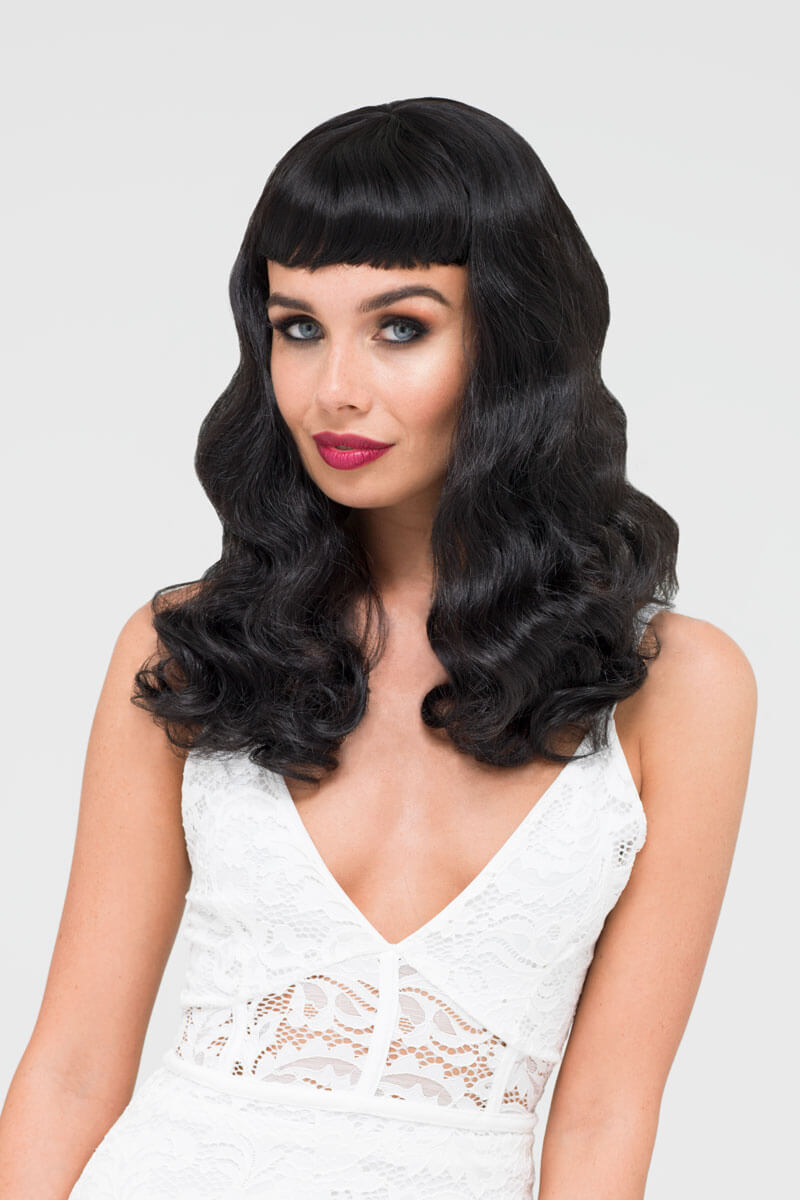 Black 1950s pinup style wig, curled with short fringe: Milena