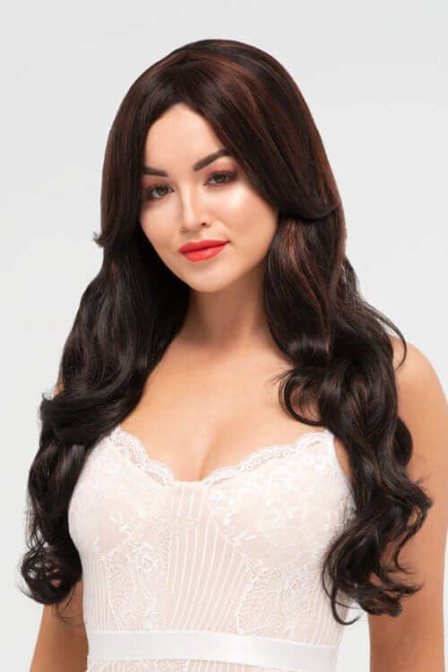 Long black wig with auburn highlights and gentle waves Emily